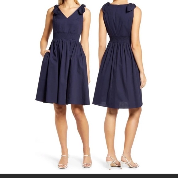 NWT Eliza J Smocked Cotton Dress In Navy with Bow Straps - Picture 1 of 10